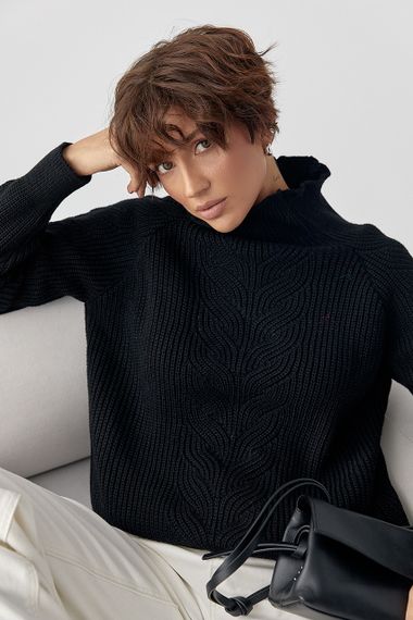 В'язаний жіночий светр із косичками - чорний цвет, ONE SIZE (є розміри) | Зображення 1
