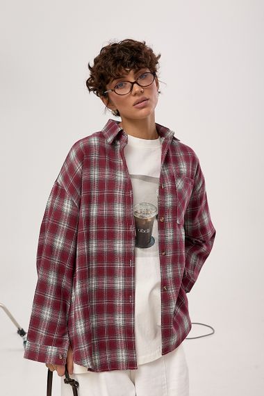 Вільна сорочка в клітинку з написом на спині - бордо цвет, ONE SIZE (є розміри) | Зображення 4