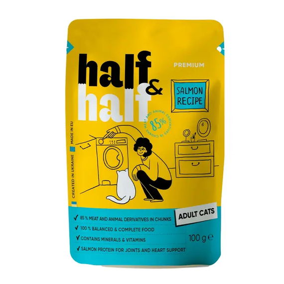 Вологий корм пауч Half&Half для дорослих котів, лосось 100г