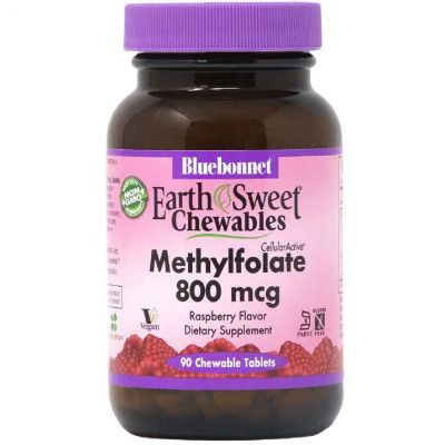 Витамин Bluebonnet Nutrition Метилфолат (B9) 800мкг, Вкус Малины, Earth Sweet Chewables, (BLB0454) - Топ