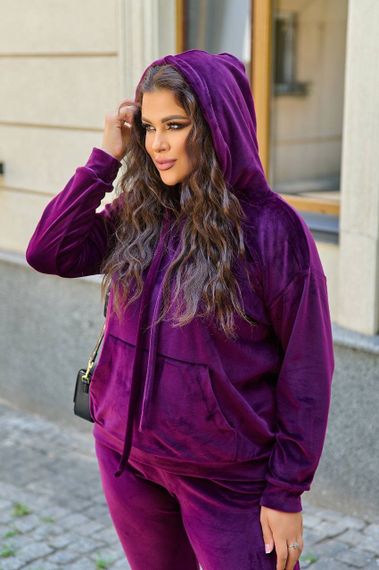 Женский велюровый спортивный костюм худи и штаны, большие размеры и батал, SS160 цвет бордовый, размер 52/54 | Зображення 1