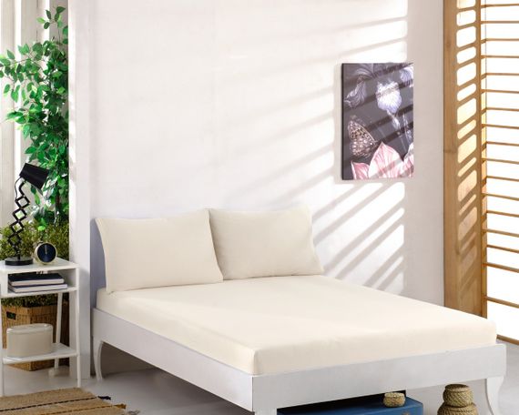 Простынь 90x200см трикотаж (джерси) на резинке с наволочками Кремовая