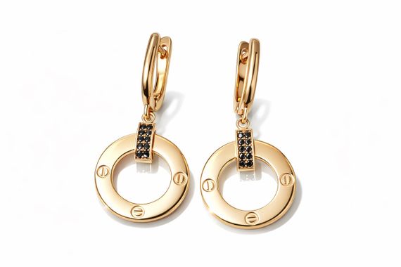 Серьги из желтого золота с черными фианитами S-0375