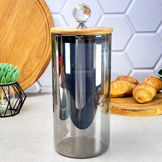 Банка для зберігання Smokey Crystal GK-5554 1300 мл скло з бамбуковою кришкою та декоративною ручкою Серебристий | Зображення 4