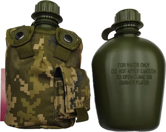 Фляга пластикова M&M 1000 мл Хакі в чохлі 5 ММ-14 Піксель (213293) | Зображення 1