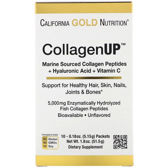Комплекс для шкіри, волосся, нігтів California Gold Nutrition CollagenUp, Marine Hydrolyzed Collagen + Hyaluronic Acid + Vitamin C, (5,15 g) x 10 packs Unflavored