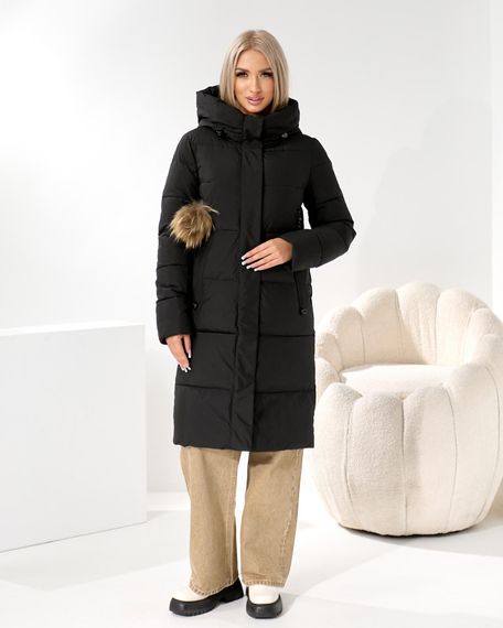 Зимове чорне пальто з помпоном що відстібається