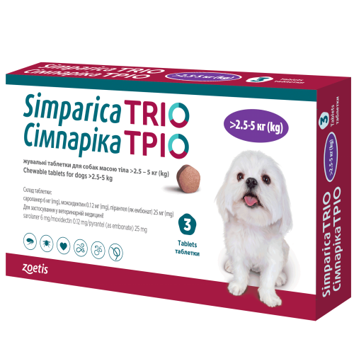 Таблетка Simparica TRIO (Сімпаріка ТРІО) таблетки від бліх, кліщів та гельмінтів для собак від 2,5 до 5 кг 3шт упаковка