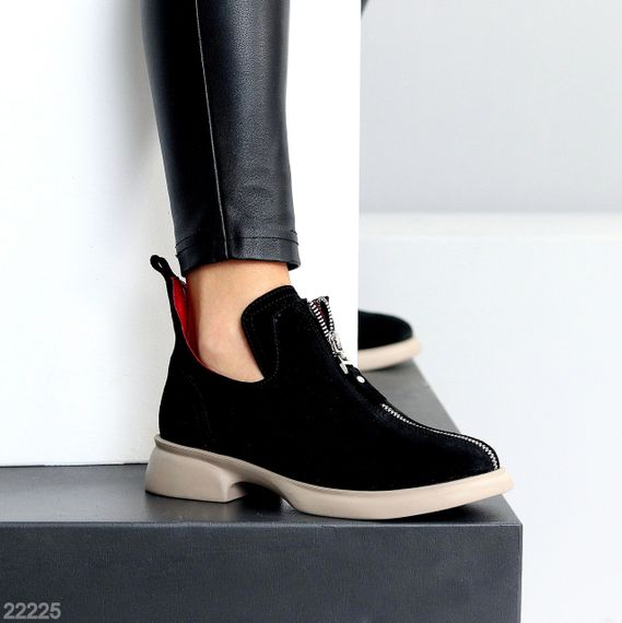 Дизайнерские черные замшевые туфли на молнии, натуральная замша на бежевой подошве | Зображення 5