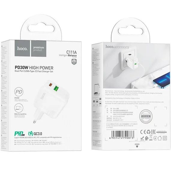 СЗУ Hoco C111A PD 30W+QC3.0 (1USB-A/1C) White | Зображення 3