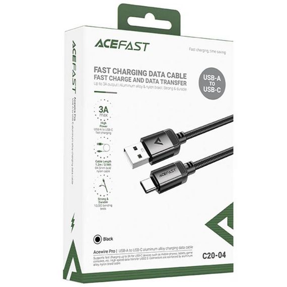 Дата кабель Acefast C20-04 USB to Type-C 3A (1.2m) Black | Зображення 1