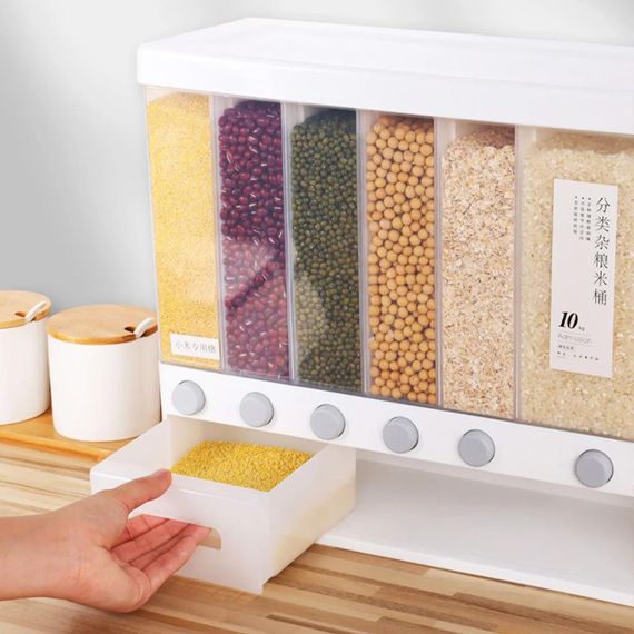 Диспенсер для сыпучих продуктов с дозатором, 6 отделений / Кухонный органайзер с мерным контейнером / | Зображення 1