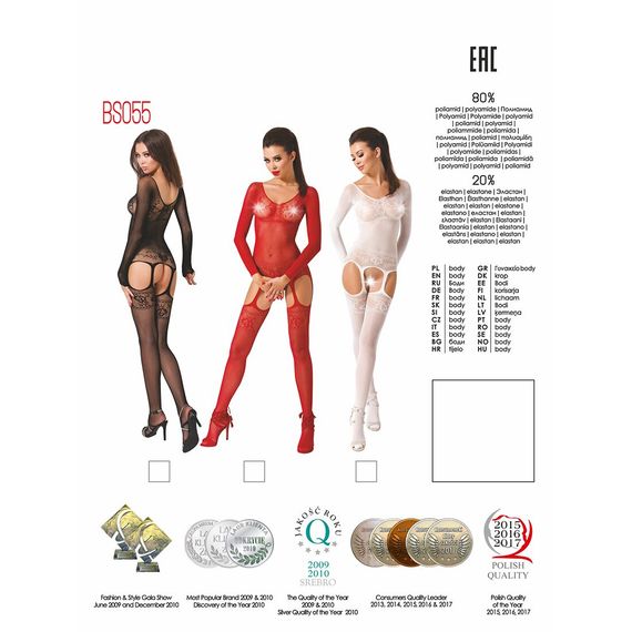 Бодістокінг Passion BS055 black, комбінезон, імітація панчіх і пояса, довгий рукав, закрите плече | Зображення 7