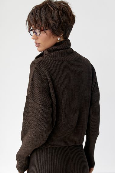 В'язаний короткий кардиган з довгим коміром - темно-коричневий цвет, ONE SIZE (є розміри) | Зображення 1