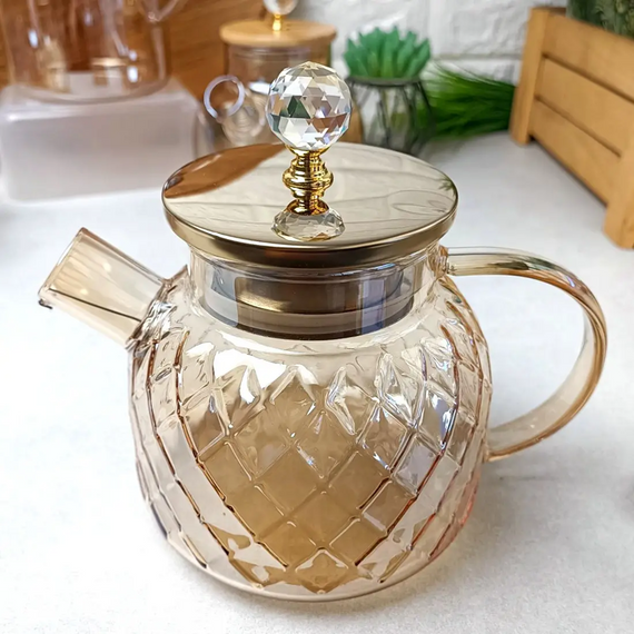 Термостійкий скляний чайник Amber Crystal GK-5502 1 л декоративний рельєфний дизайн Бурштиновий перламутр | Зображення 5