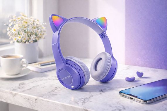 Бездротові навушники з котячими вушками та лід підсвічуванням Cat Ear Y47 Led, Bluetooth навушники з мікрофоном Бузковий | Зображення 1