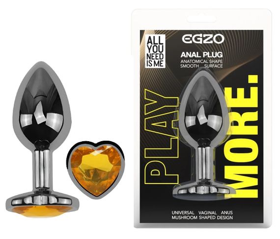 Анальная пробка EGZO Dark Silver Heart Plug S с жёлтым кристаллом, нержавеющая сталь, 70 мм Sex Aura