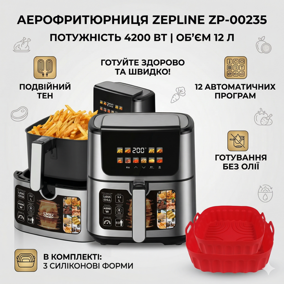Аэрофритюрница Zepline ZP-00235 на 12л аэрогриль с сенсорным управлением на 2 ТЭНа 4200Вт