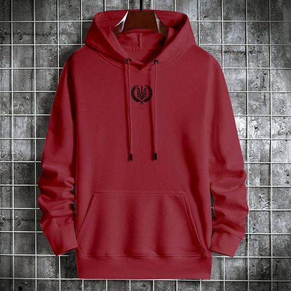 Мужской теплый худи на флисе с принтом Тризуб OC2233 цвет бордовый, размер XL