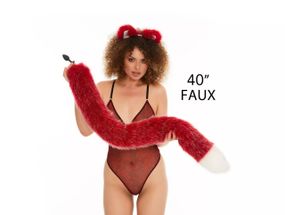 Анальний хутряний хвіст без пробки, Темно-красний з білим кінчиком, OKOVA 100 см. Sex Aura