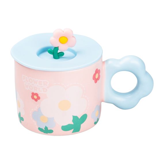 Чашка керамічна Flowers 300 мл з кришкою, рожевий