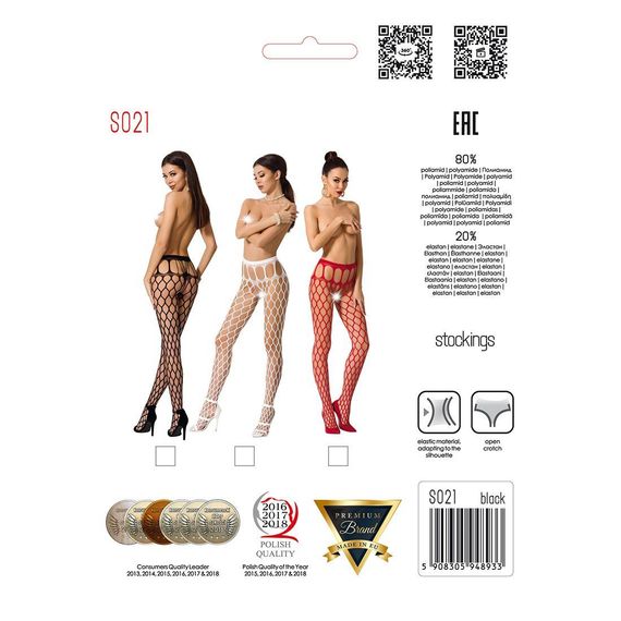 Еротичні колготки-бодістокінг Passion S021 white, в крупну сітку з високим паском, S/M/L | Зображення 4