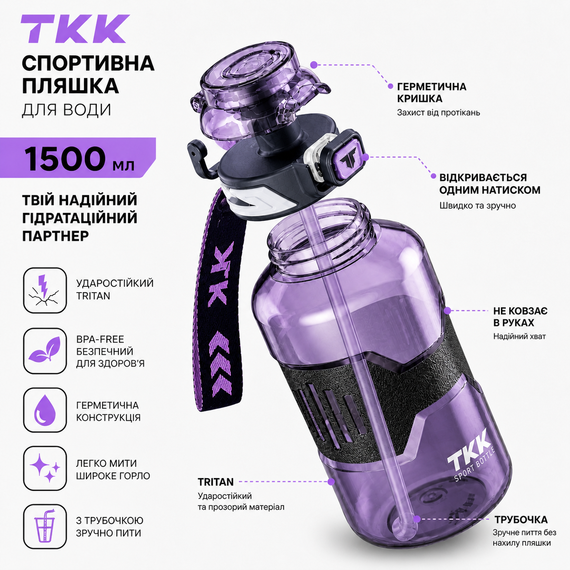 Спортивная бутылка для воды TKK 1500 мл (1.5 л): ударопрочный Tritan BPA-free, Фиолетовая | Зображення 2