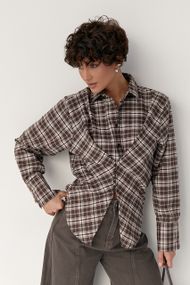 Сорочка в клітинку з акцентом на талію - коричневий цвет, M (є розміри)