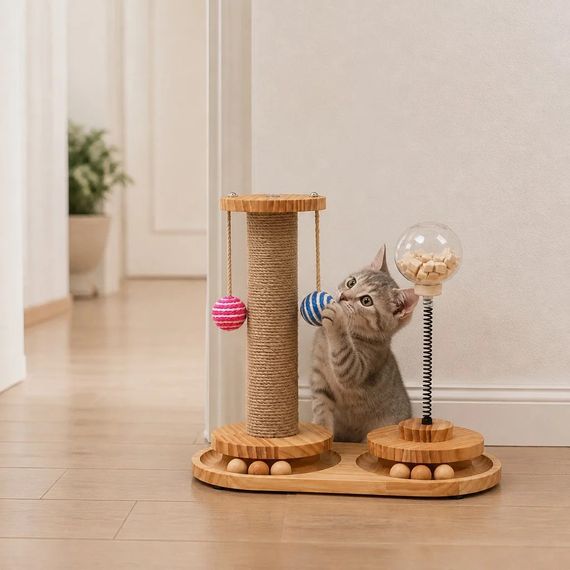 Игровой центр с когтеточкой для кошек KAT-01, канатный столбик и 2 подвесных мяча | Зображення 5