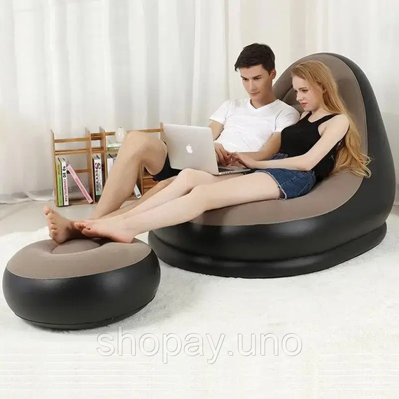 Надувной диван с пуфом Air Sofa / Надувное велюровое кресло с пуфиком+насос Бежевый | Зображення 1