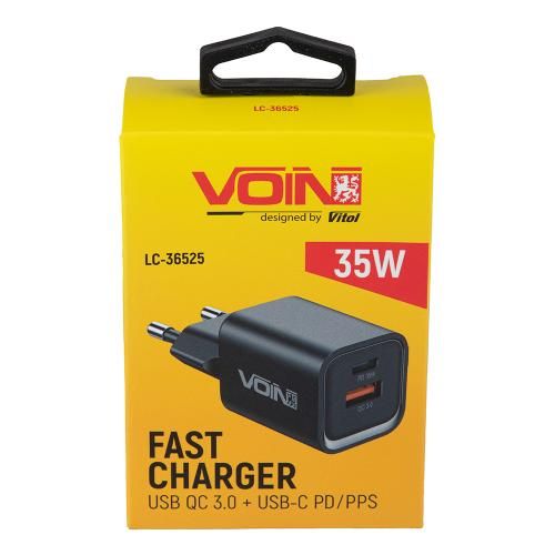 Мережевий зарядний пристрій VOIN 35W, 1 USB, QC3.0 18W + 1 PD 35W | Зображення 3