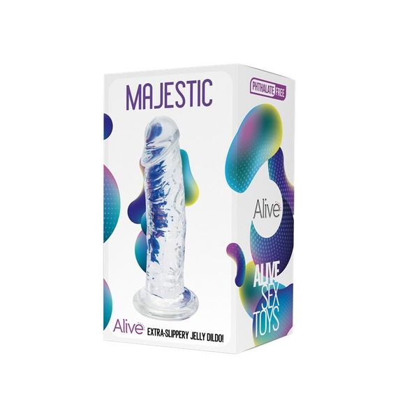 Прозорий фалоімітатор Alive Jelly Dildo Majestic, TPE, присоска, діаметр 3,7 см, довжина 14,7 см | Зображення 1