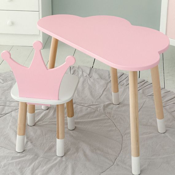 Стіл хмарка і стільчик рожевий  корона з білим сидінням. Столик для занять, ігор, їжі