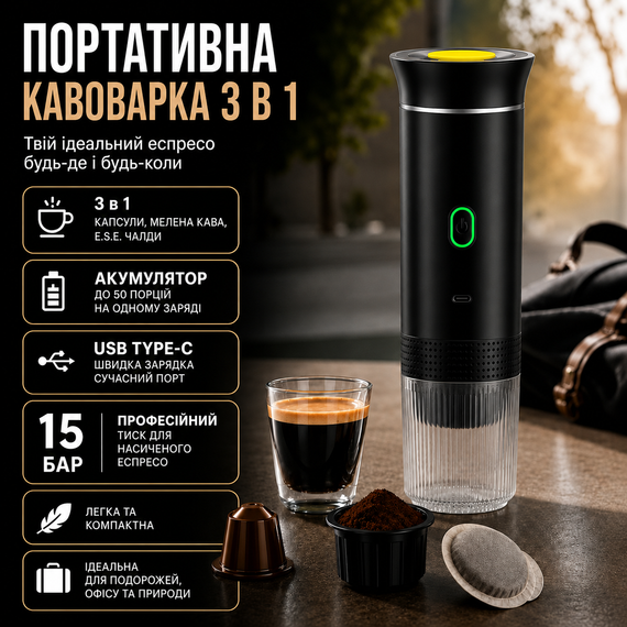 Портативна кавоварка 3 в 1 KF-JN-02 чорна, акумуляторна бездротова еспресо машина з USB Type-C для капсул і меленої кави