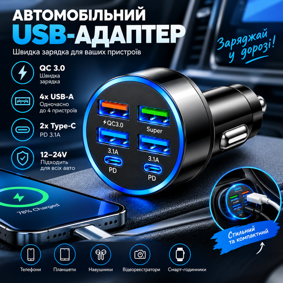 Автомобільний зарядний пристрій 6-в-1 PowerHub 100Вт (4USB + 2PD) | Зображення 4