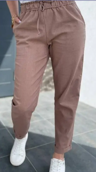 Женские легкие льняные брюки укороченные GF1702 цвет светло-коричневый (капучино), размер 46 | Зображення 5