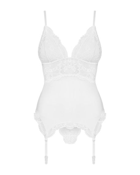 Сатиновий мереживний корсет Obsessive 810-COR-2 babydoll & thong L/XL, білий, корсет, танга | Зображення 4