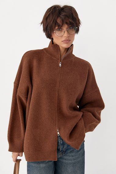 В'язаний кардиган оверсайз на блискавці - коричневий цвет, ONE SIZE (є розміри) | Зображення 4