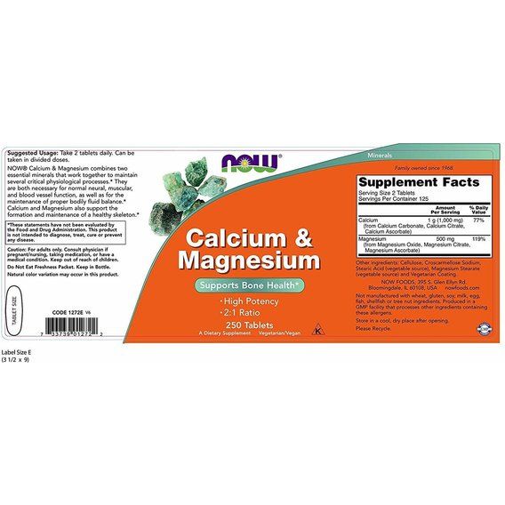 Мікроелемент Кальцій NOW Foods Calcium & Magnesium, 500/250 mg 250 Tabs | Зображення 1