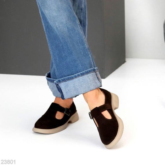 Замшеві демі туфлі на ремінці натуральна замша низький хід колір Шоколад | Зображення 3