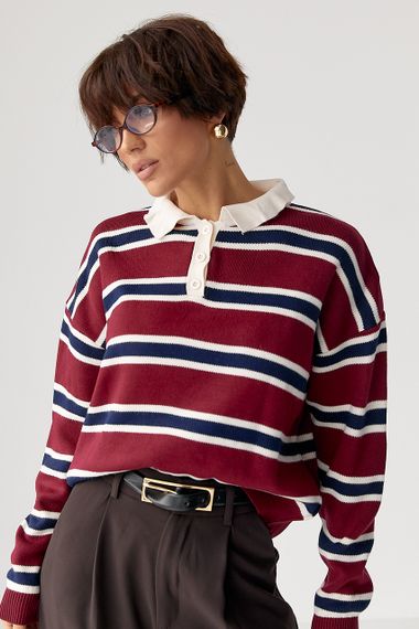 Кофта-поло у смужку вільного фасону - темно-червоний цвет, ONE SIZE (є розміри)