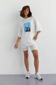 Костюм с футболкой oversize и велосипедками - молочный цвет, S (есть размеры)
