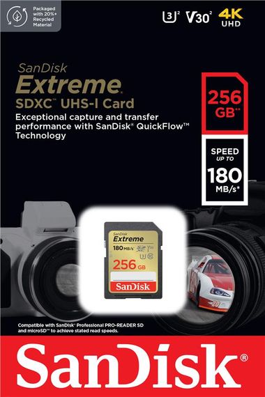 Карта пам'яті SanDisk SD 256GB C10 UHS-I U3 R180/W130MB/s Extreme V30 (SDSDXVV-256G-GNCIN) | Зображення 1