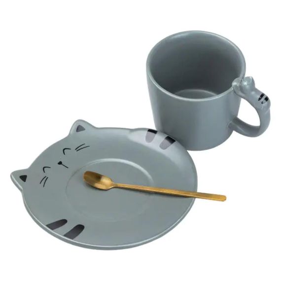 Чашка з блюдцем та ложкою порцелянова 250 мл Кошеня Сіра HP7202G | Зображення 1