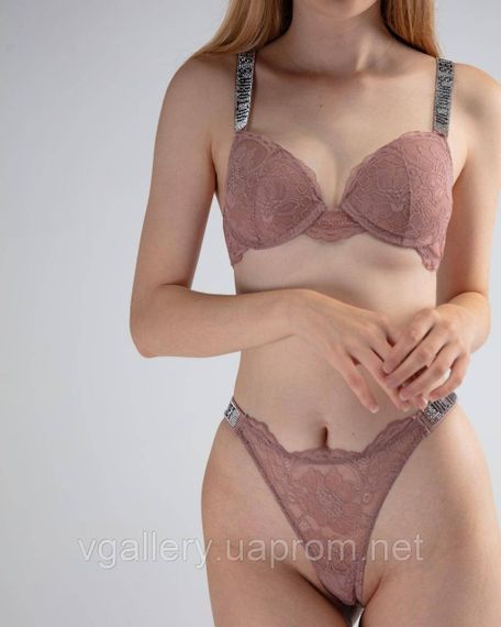 Мереживний комплект білизни Victoria`s Secret зі стразами  Вікторія Сікрет - Мереживо -  80С(36С) - Тілесно-кавовий | Зображення 3