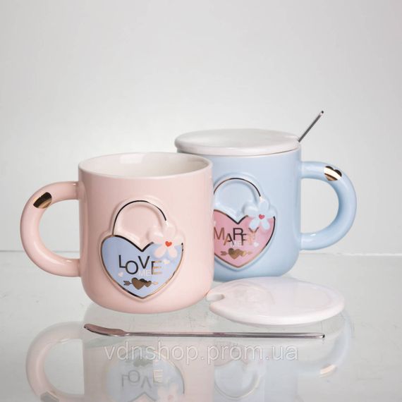 Набір парних порцелянових чашок із серцем 2 (шт) по 400 (мл) чашки на подарунок із кришкою та ложкою Рожевий з блакитним FM-32 | Зображення 2