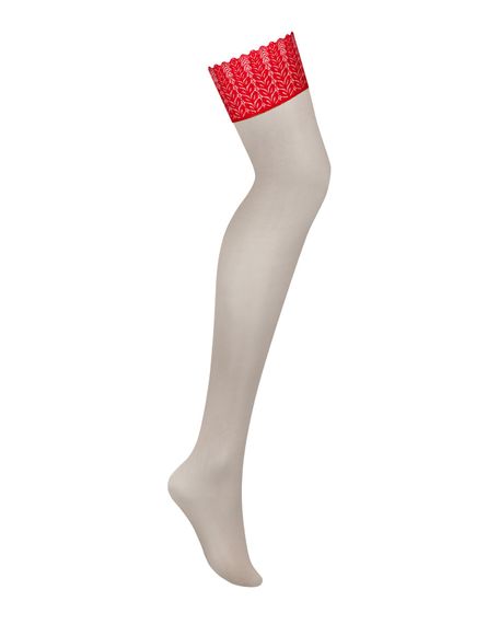 Панчохи Obsessive Ingridia stockings XL/2XL, бежеві з червоною резинкою | Зображення 2