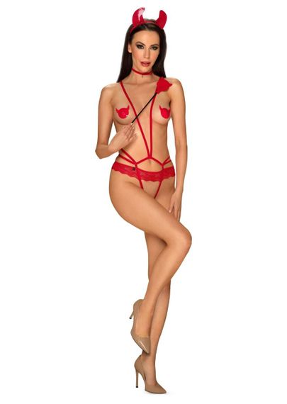(SALE) Еротичний костюм чортика зі стреп Obsessive Evilia teddy red L/XL, боді, чокер, накладки на соски, о sexstyle | Зображення 4