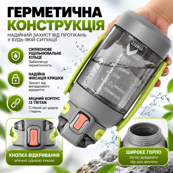 Бутылка для воды TKK 1400 мл спортивная серая Tritan BPA Free ударопрочная соломинкой, ремешком и ручкой | Зображення 9