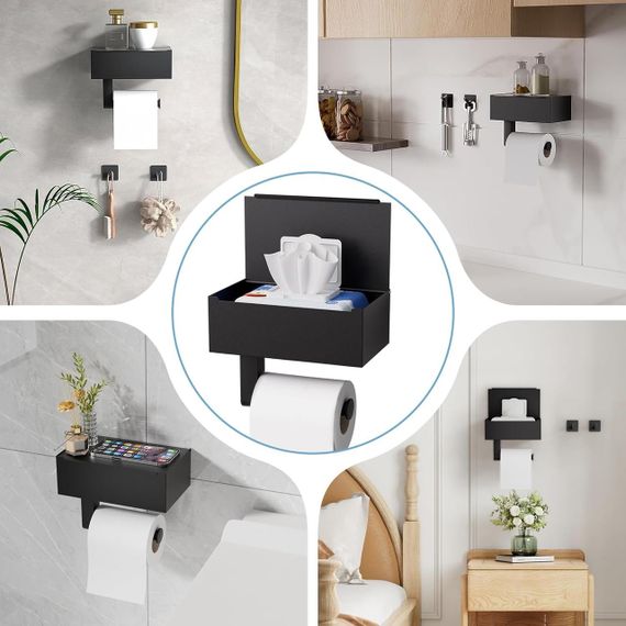 Держатель туалетной бумаги с полочкой для влажных салфеток, самоклеящийся черный матовый, современный с ящиком | Зображення 4